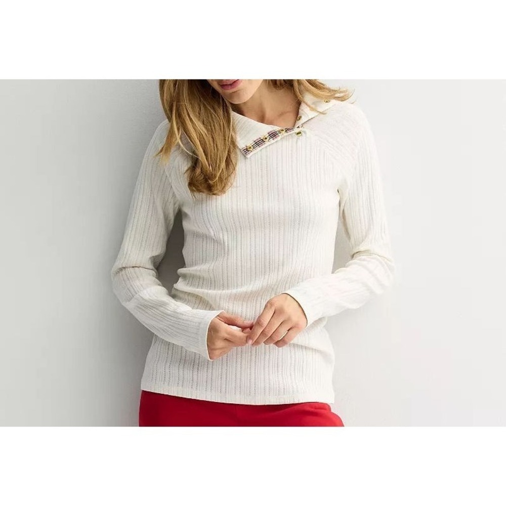 Croft & Barrow Women's Raglan Button Mock Neck Top - Light Natural -‎ Small